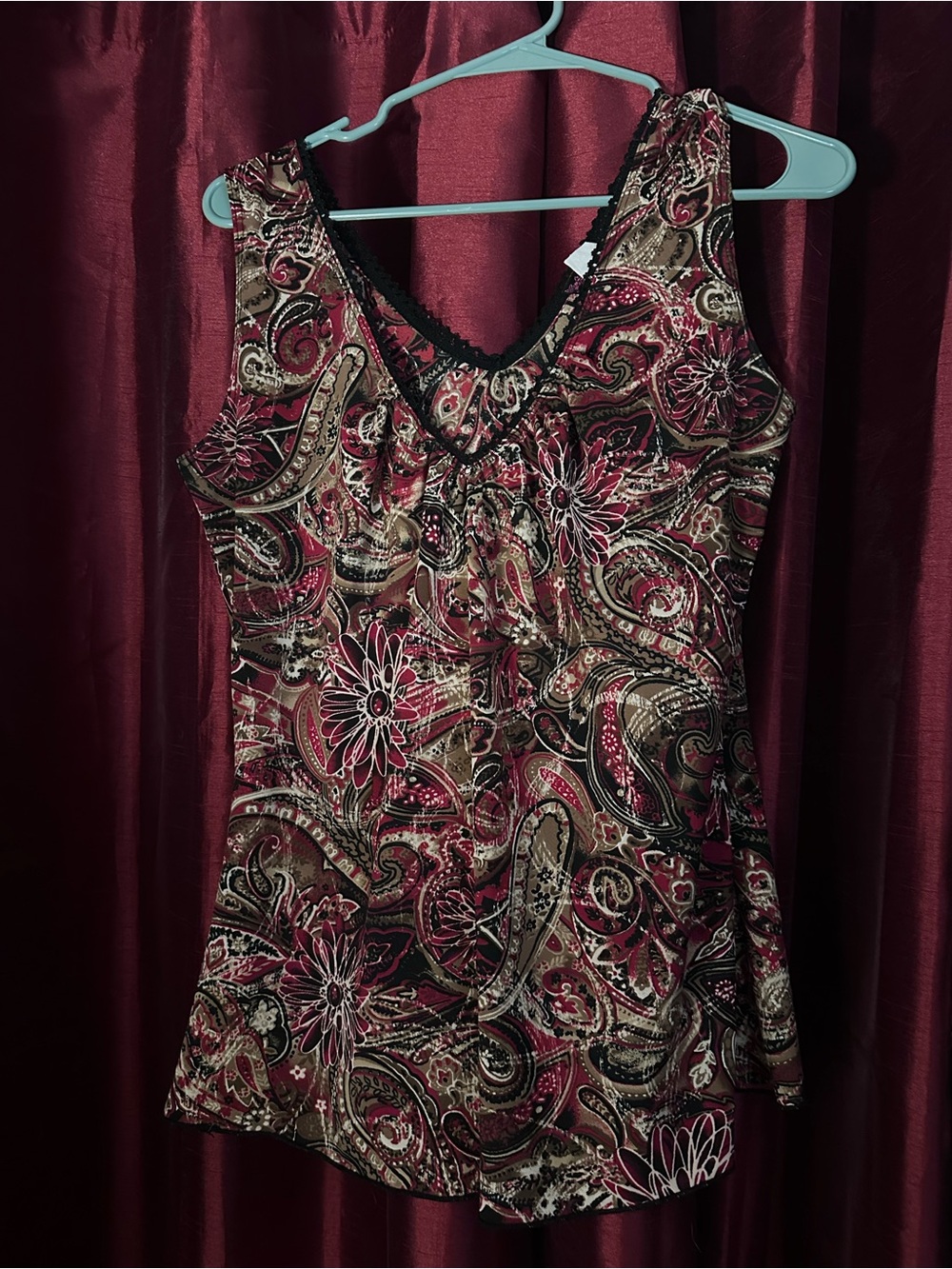 Agenda Paisley Lace-Trimmed Chemise in Burgundy, Black, and Tan